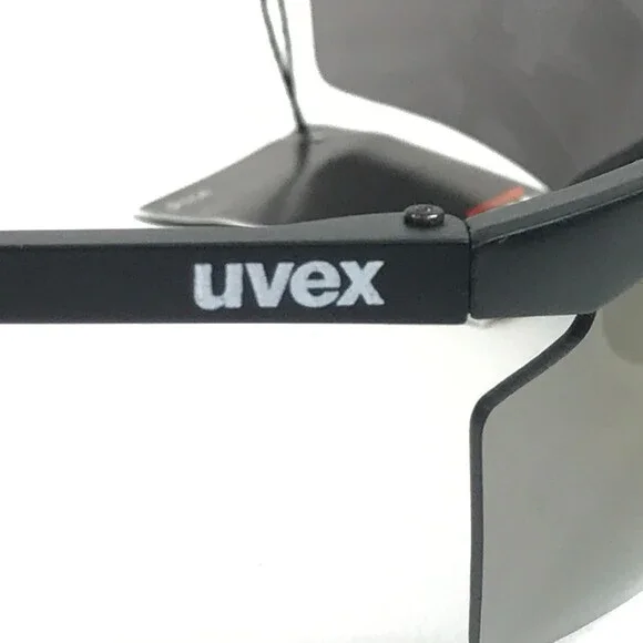 Vintage Uvex Sunglasses Face Across Matte Black Shield Semi Rim Frames Gray Lens